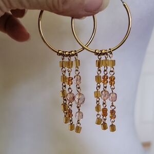 Gold Toned and Orangeamd Light Pink Vintage Beaded Hoop Earrings